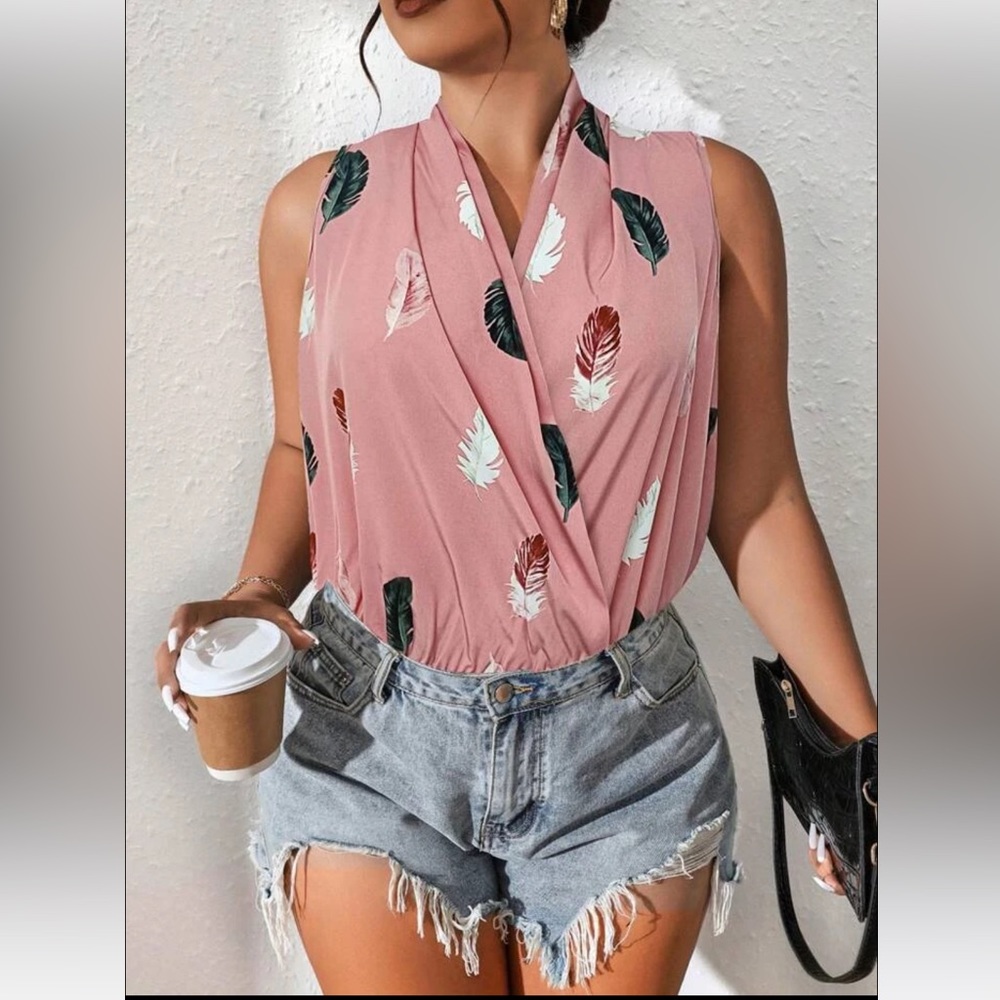 Feather Print Surplice Neck Bodysuit
